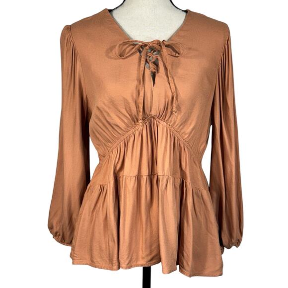 American Eagle Medium Top Long Balloon Sleeves Tie Lace-Up V-Neck Elastic Waist - Picture 1 of 10